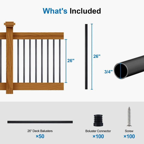 Straight Up Solid Black Aluminum Deck Balusters 26 Inch Spindles With Heavy Duty Connectors And Screws For Railing Overhaul No Fuss Quick Install 50 Pack Metal Posts with dimensions and included items.
