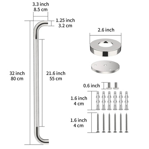 2 Pack 32 Inch Anti Slip Shower Grab Bar Handles Knurled Stainless Steel Safety Hand Rails Chrome Finish 1.25 Inch Diameter Heavy Duty Support for Seniors and Handicap Bath Accessibility with mounting hardware and measurements displayed.