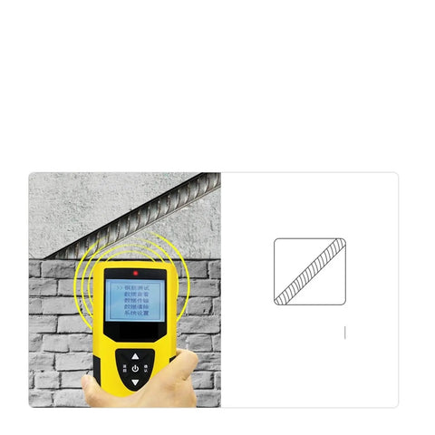 Handheld Dead On Stud Finder And Wall Scanner detecting rebar in concrete with display screen, ideal for locating pipes and cables.
