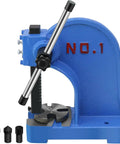 Heavy Duty 1 Ton Manual Arbor Press Rock Solid Cast Iron Punch Machine with a blue finish and metal working tools included.