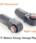 Heavy Duty Tough As Nails 90 Degree 350 Amp Single Core Plug For Electric Vehicle Battery And Energy Storage Connectors IP67 Waterproof Crimp Style Ready To Bolt Right In Black Connector, two angle views.
