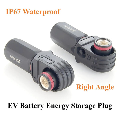 Heavy Duty Tough As Nails 90 Degree 350 Amp Single Core Plug For Electric Vehicle Battery And Energy Storage Connectors IP67 Waterproof Crimp Style Ready To Bolt Right In Black Connector, two angle views.