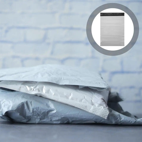100 Pack White Plastic Mailing Bags With Self Adhesive Seal For Clothes Writable Poly Mailers in a pile with a close-up circle inset