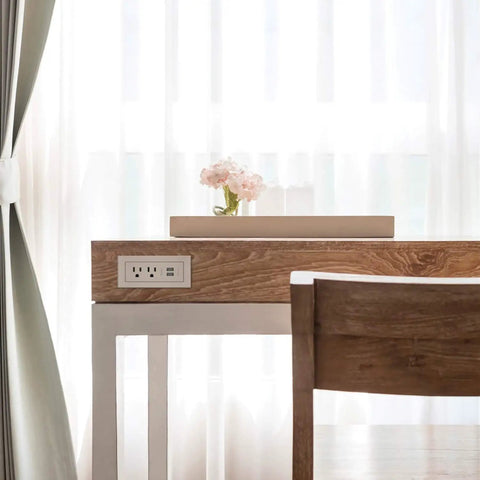 Radiant Furniture Power Center With USB, recessed power strip on wooden desk, nickel finish, home office setup with chair