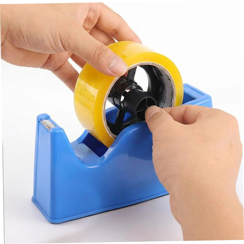 Man inserting yellow tape into blue tape dispenser while handling 36Mm plastic tape dispenser core replacement parts.