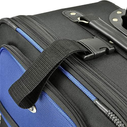 Luggage close-up: blue U.S. Traveler New Yorker rolling luggage, expandable 4-piece set