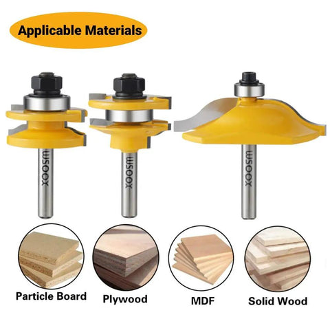 Three Piece Raised Panel Cabinet Door Router Bit Set With Ogee Rail And Stile For Woodworking, Pro Grade Carbide Cutters