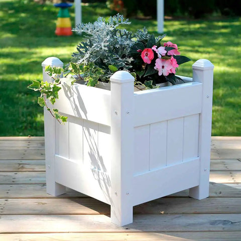 Maintenance Free Vinyl Outdoor Planter Box 16 Inch Square 19 Inch High With 2x2 Leg Supports And One Point Five By Four Rails Hardware Included Made In USA Stackable For Expanding Patio Garden Weather Resistant Construction For Year Round Outdoor Use, white planter on deck