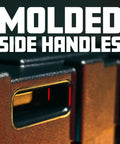 Close-up of molded side handles on Hella Rugged Roto Molded Drum Hardware Case With Retractable Pull Handle And Inline Wheels.