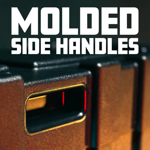 Close-up of molded side handles on Hella Rugged Roto Molded Drum Hardware Case With Retractable Pull Handle And Inline Wheels.