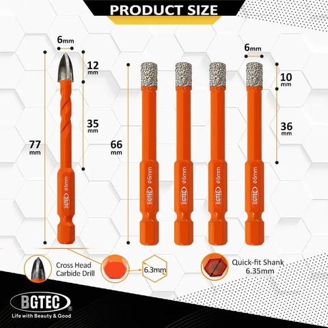 Dry Diamond Drill Bits Set With Quick Change Hex Shank For Granite Marble Porcelain Ceramic Tile, Includes Four 1/4 Inch Diamond Bits And One 1/4 Inch Carbide Drill Bit, Hex Shank Quick-Fit, Built For Dry Drilling Masonry; image shows five orange drill bits with product sizes.
