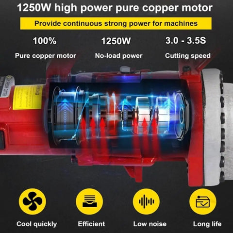 MXJCKSOQ Electric Hydraulic Rebar Cutter Handheld Steel Bar Cutting Machine 1250W Motor close-up of copper motor with airflow.