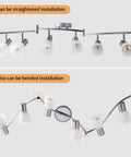 Six Light LED Track Lighting Kit With Frosted Glass Shades And Adjustable Heads In Brushed Nickel Modern Ceiling Fixture For Kitchen Living Room Hallway E12 Base Bulbs Not Included in straight and bent installation views.