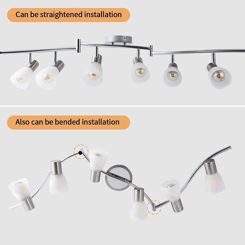 Six Light LED Track Lighting Kit With Frosted Glass Shades And Adjustable Heads In Brushed Nickel Modern Ceiling Fixture For Kitchen Living Room Hallway E12 Base Bulbs Not Included in straight and bent installation views.
