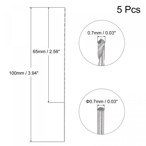 Diagram of Five Pack 0.7mm Mini Micro Twist Drill Bits High Speed Steel Straight Shank Extra Long 100mm dimensions in detail