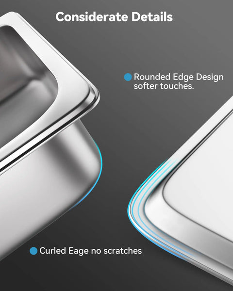 Close-up of Six Pack Hotel Pans One Third Size Four Inch Deep Steam Table Pan 22 Gauge, featuring rounded edge design for safety.