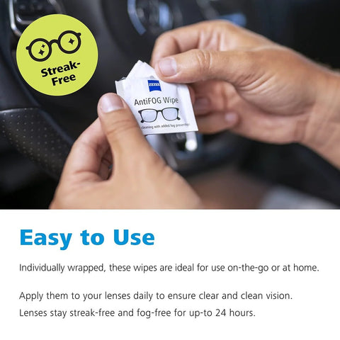 ZEISS AntiFOG Wipes, 120-count pack; hands opening a wipe near a car steering wheel