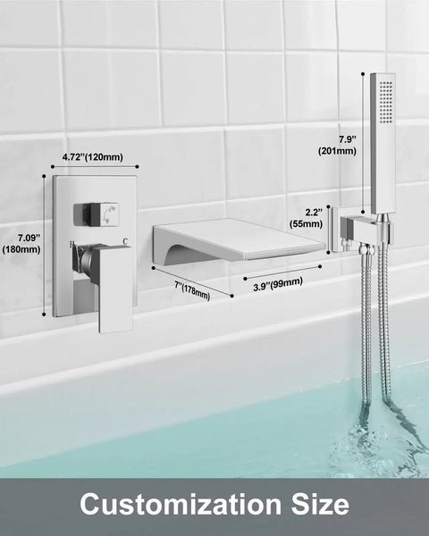 Wall Mount Bathtub Faucet With Handheld Sprayer And Waterfall Tub Filler Single Handle Chrome Finish Modern Bathroom Fixture