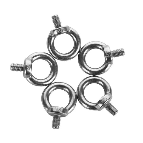 Five Piece Set M8 Ring Eye Bolts In Stainless Steel 304 Heavy Duty Eyebolts With M8 X 1.25 Thread displayed in a circle