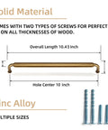 Dimensions and features of Six Pack 256mm Hole Center Antique Brass Cabinet Drawer Pulls Zinc Alloy Handles 10.45 Inch Overall Length Durable Kitchen Cabinet Pulls With M4 Screws Vintage Style shown with screws.