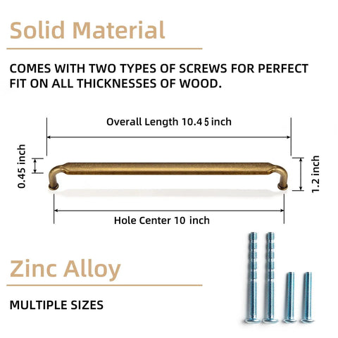 Dimensions and features of Six Pack 256mm Hole Center Antique Brass Cabinet Drawer Pulls Zinc Alloy Handles 10.45 Inch Overall Length Durable Kitchen Cabinet Pulls With M4 Screws Vintage Style shown with screws.