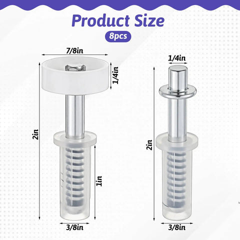 Dimensions of 8 Pack Spring Loaded Bi-Fold Door Hardware Kit with 2in and 3/8in measurements, iron and plastic materials