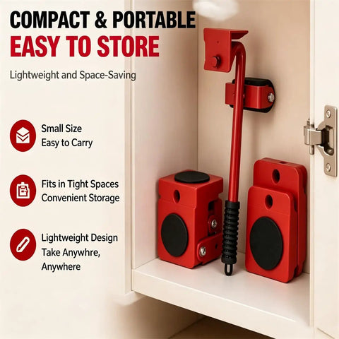 Ditch The Back Pain And Upgrade Your Move Game With This Heavy Duty Steel Sofa Lifter Set That Handles 220 Pounds Easily For Washing Machines Or Fridges, compact and portable lifter stored in cabinet.