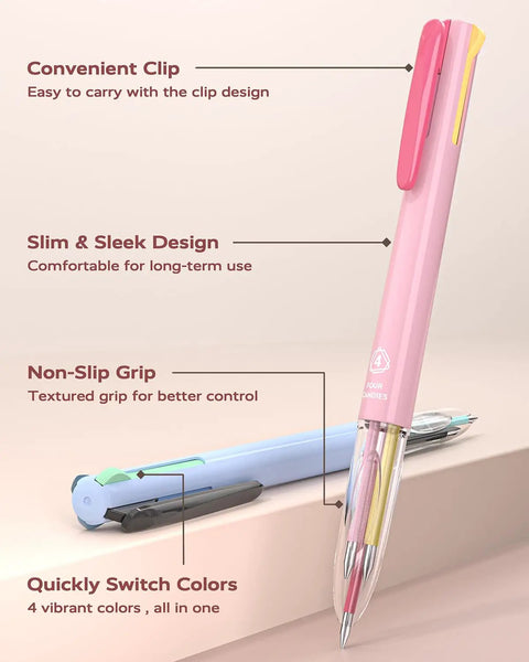 All In One 4 In 1 Multicolor Pens Set With 18 Colors Six Pack For Note Taking Coloring Organizing And Office Or School Use Press To Switch Colors On The Fly And Enjoy Smooth Writing With Vivid Ink., pink 4-in-1 plastic pen with clip, grip, and clear tip for note taking