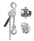 Front view of HUGOASIS mini lever hoist, 750 kg (1650 lb) capacity, silver aluminum body with chain and hooks