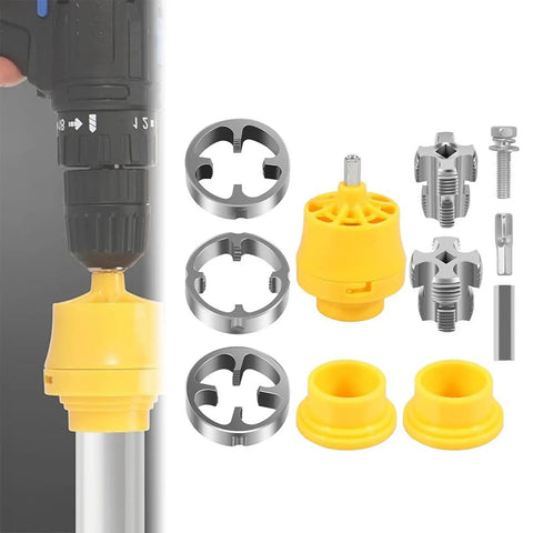Transform Your Electric Drill Into A Pro-Grade Pipe Threader With This Heavy-Duty Manual Die Kit, showcasing drill components for threading.
