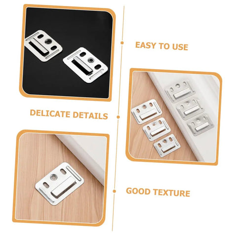 Tough As Nails Stainless Steel Wall Panel Clips And Furniture Buckle Clamps displayed, showcasing smooth edges on wood and dark surface.