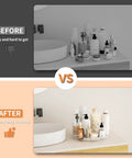 Two Pack Clear 9 Inch Lazy Susan Turntable Rotating Organizer Tray For Cabinet And Countertop Use Non Slip Round Spice Rack Refrigerator Kitchen Pantry Bathroom Storage organizing bathroom countertop comparison, before and after.