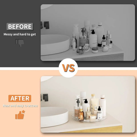 Two Pack Clear 9 Inch Lazy Susan Turntable Rotating Organizer Tray For Cabinet And Countertop Use Non Slip Round Spice Rack Refrigerator Kitchen Pantry Bathroom Storage organizing bathroom countertop comparison, before and after.