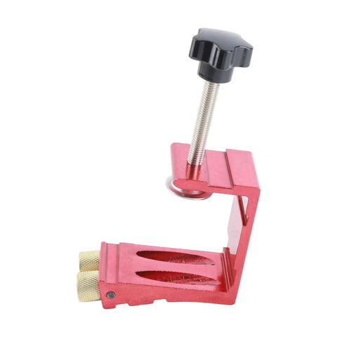 Front view of red 15 Degree Angled Hole Locator Jig For Woodworking, Pro Grade Drill Guide For Inclined Holes, adjustable clamp visible