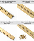 Four Pack 12 Inch Gold Stainless Steel Piano Hinges Built Like A Tank And Hella Sturdy Heavy Duty Continuous Strips With Pre Drilled Mounting Holes For Cabinet Doors Furniture Assembly And Woodworking Projects close-up of premium stainless steel with pre-drilled holes, showcasing thickness