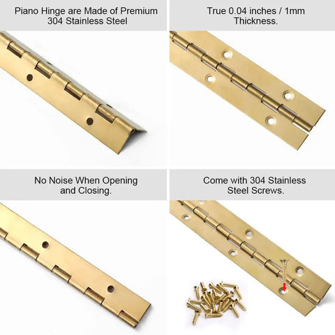 Four Pack 12 Inch Gold Stainless Steel Piano Hinges Built Like A Tank And Hella Sturdy Heavy Duty Continuous Strips With Pre Drilled Mounting Holes For Cabinet Doors Furniture Assembly And Woodworking Projects close-up of premium stainless steel with pre-drilled holes, showcasing thickness