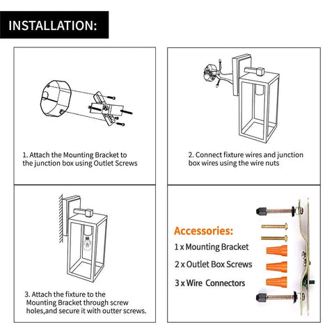 Installation guide for Rugged Matte Black Outdoor Wall Lantern Sconce with Clear Glass Shade, showing screws and connectors