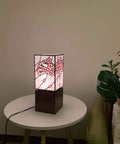 Cherry Blossom Tiffany Style Stained Glass Accent Table Lamp Night Light With USB Ports Wood Cube Base on round table