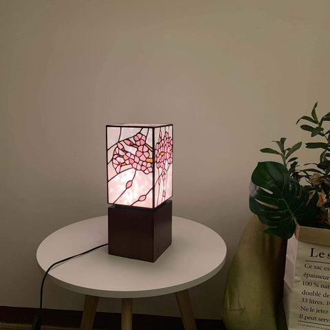 Cherry Blossom Tiffany Style Stained Glass Accent Table Lamp Night Light With USB Ports Wood Cube Base on round table