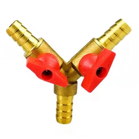 Rock Solid Heavy Duty Brass 10mm Barbed 3 Way Y Equal Ball Valve With Grippy Plastic Handle For Hassle Free Flow Splitting And Quick Shut Off In Plumbing Gas Liquid Tubing, showing brass construction and red handles.