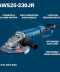 GWS25-230JR 9 Inch Large Angle Grinder With 15 Amp Motor featuring disc and handle details for heavy duty use