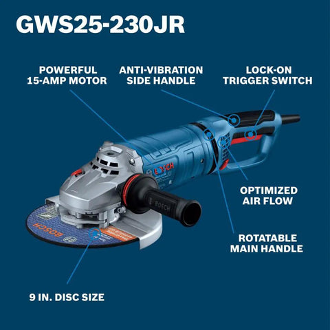 GWS25-230JR 9 Inch Large Angle Grinder With 15 Amp Motor featuring disc and handle details for heavy duty use