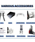 Heavy Duty Electric Forklift With Plug And Play Fast Charging And Zero Turning Radius Four Way Mini Lift Truck accessories including forks, buckets, and clamps.