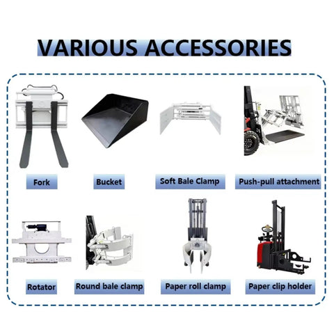 Heavy Duty Electric Forklift With Plug And Play Fast Charging And Zero Turning Radius Four Way Mini Lift Truck accessories including forks, buckets, and clamps.