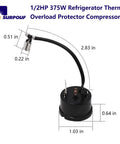 1/2HP 375W Refrigerator Thermal Overload Protector For Compressor Replacement Parts shown with dimensions
