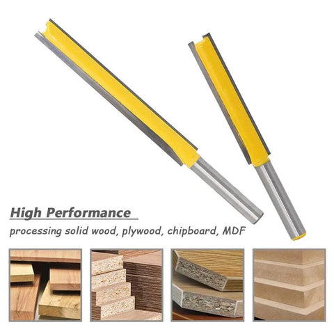 Two Piece Extra Long Straight Router Bit Set With One Quarter Inch Shank, Double Flute Grooving Bits, Hardened Steel, Side View