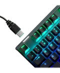 Close-up of Top Shelf Mechanical Gaming Keyboard Featuring Heavy Duty Aluminum Chassis and Smart Display with RGB lighting.