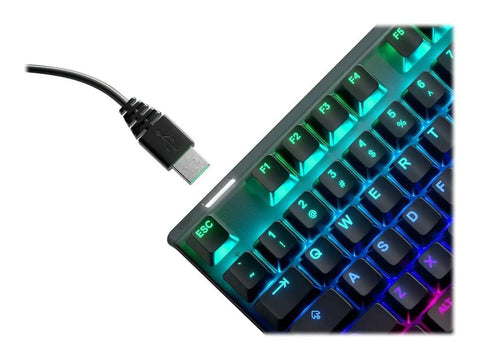 Close-up of Top Shelf Mechanical Gaming Keyboard Featuring Heavy Duty Aluminum Chassis and Smart Display with RGB lighting.