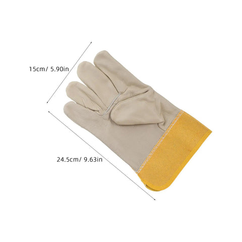Tough As Nails Cowhide Split Finger Welding Gloves For Men, Heat Resistant Yellow Work Gloves With Serious Burn Protection, Rock Solid Industrial And Auto Repair Safety Gear, Two Pack, side view with dimensions.