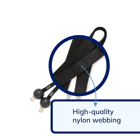 Two Pack Quiet Drop Horse Cross Ties In Black With Durable Nylon Webbing And 3 Inch Rubber Ball Ends For Wall Protection And Low Noise